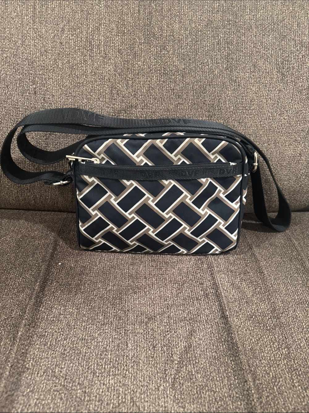 Diane Von Furstenberg Navy and White Crosshatch Shoulder Bag